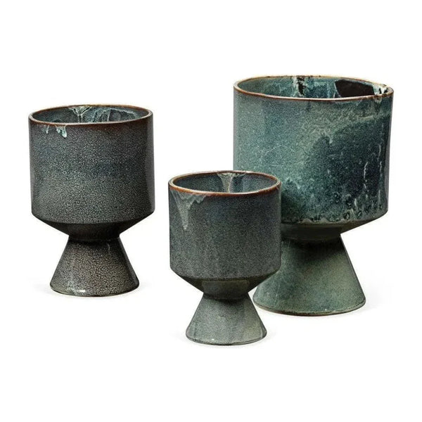Blue Ceramic Berkeley Pots (set of 3) - LOOMLAN - Jamie Young - Statues & Sculptures