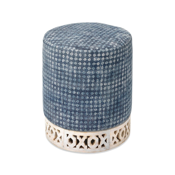Blue Cotton Fabric Mango Wood Solana Upholstered Ottoman Ottomans LOOMLAN By Jamie Young