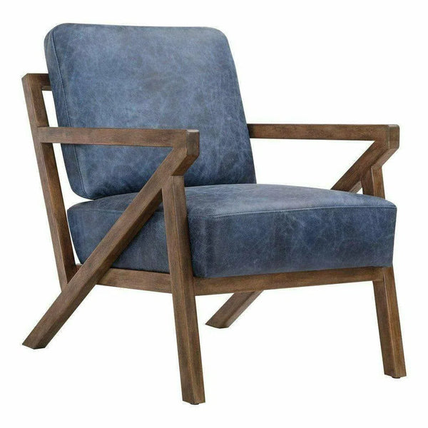 Blue Leather Accent Side Arm Chair Over Exposed Wood Frame Club Chairs LOOMLAN By Moe's Home