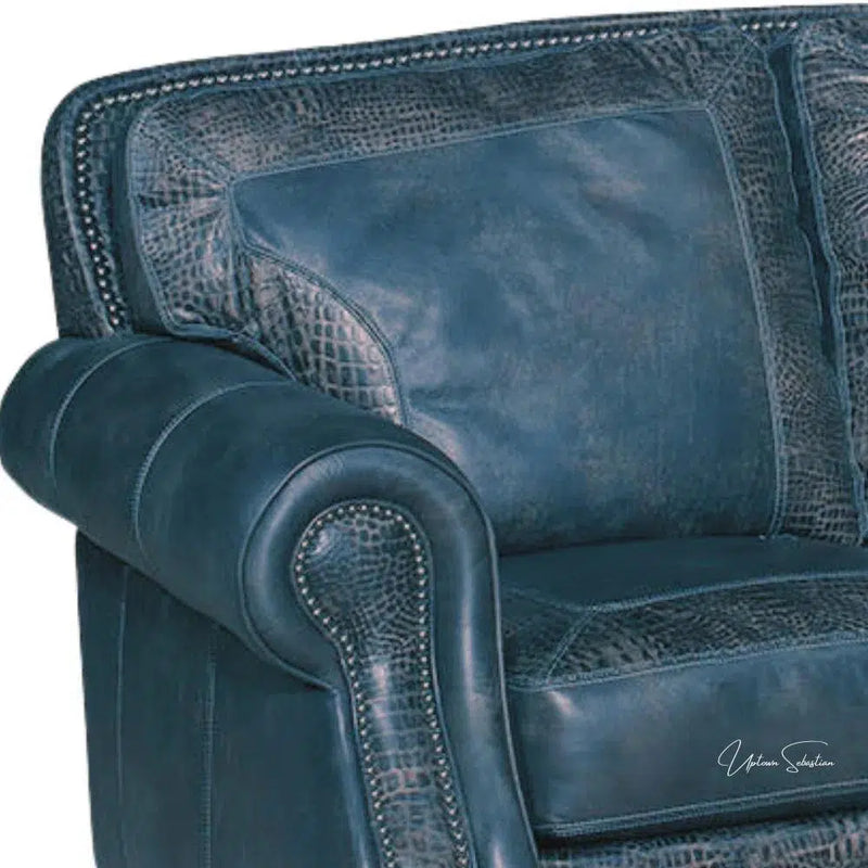 Western Style Leather Couch With Blue Alligator Embossed Leather Sofas & Loveseats LOOMLAN By Uptown Sebastian