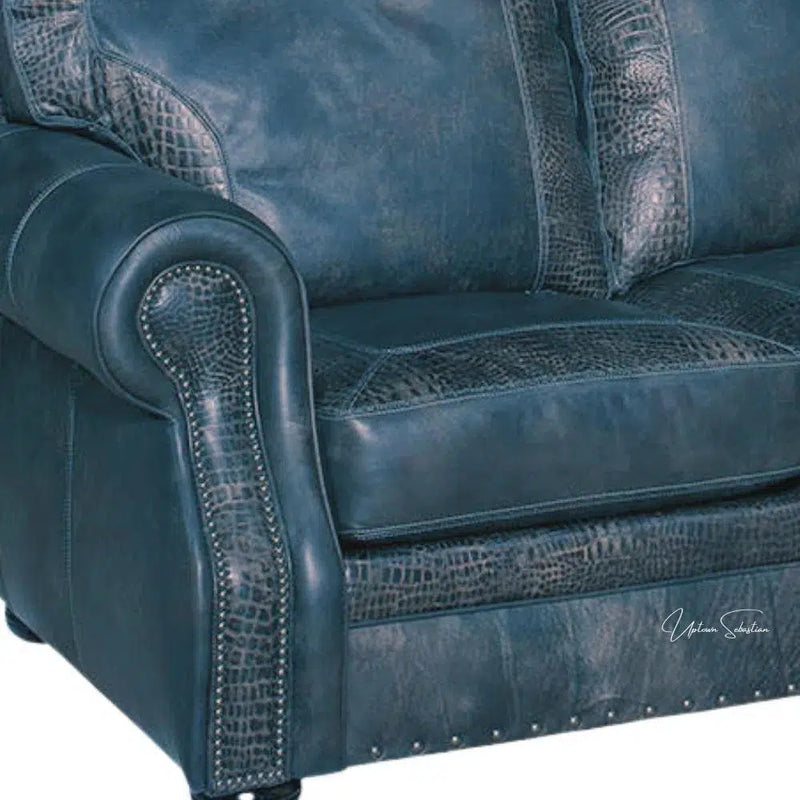 Western Style Leather Couch With Blue Alligator Embossed Leather Sofas & Loveseats LOOMLAN By Uptown Sebastian