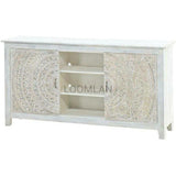 Boho White TV Stand with Sliding Doors