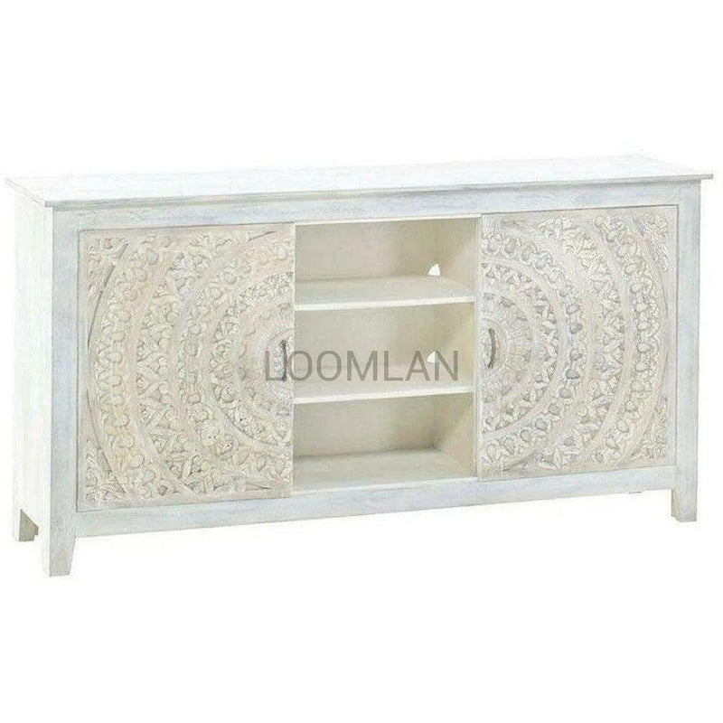 Boho White TV Stand with Sliding Doors