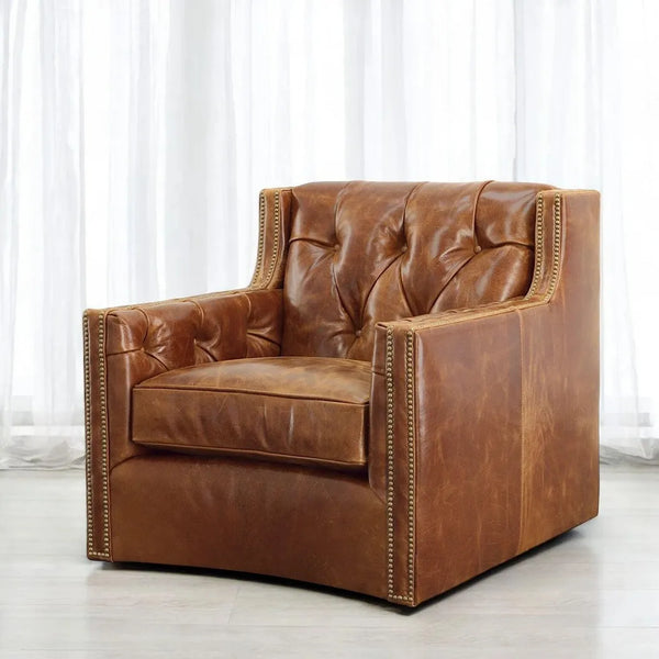 Brandy Grain Brown Leather Large Swivel Chair-Club Chairs-Uptown Sebastian-LOOMLAN