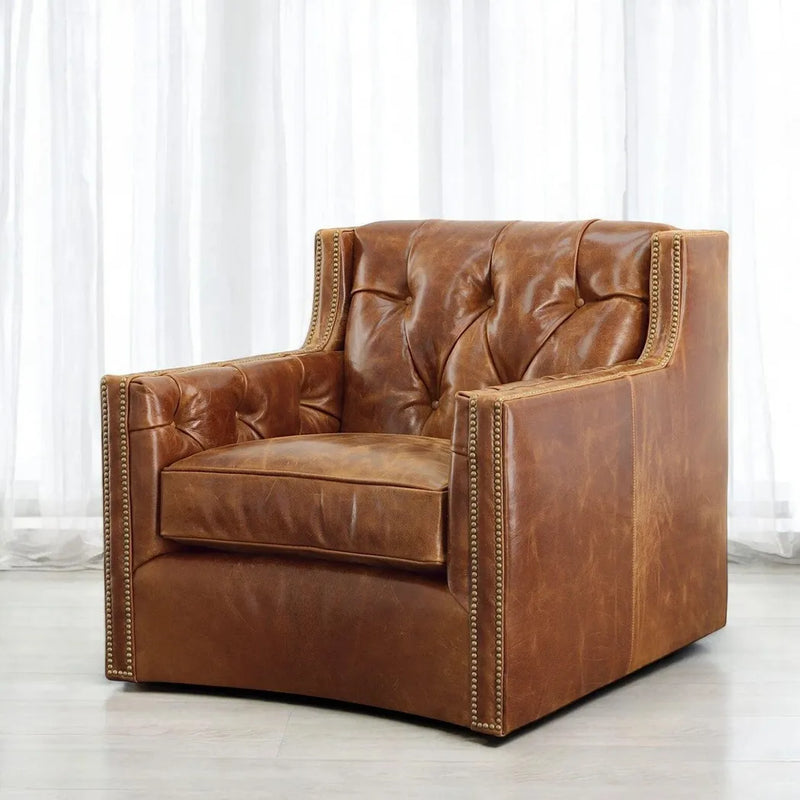 Brandy Grain Brown Leather Large Swivel Chair