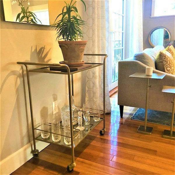 Brass and Gold With Mirror Shelves Small Wheeled Bar Cart Trolley Home Bar Carts LOOMLAN By LHIMPORTS