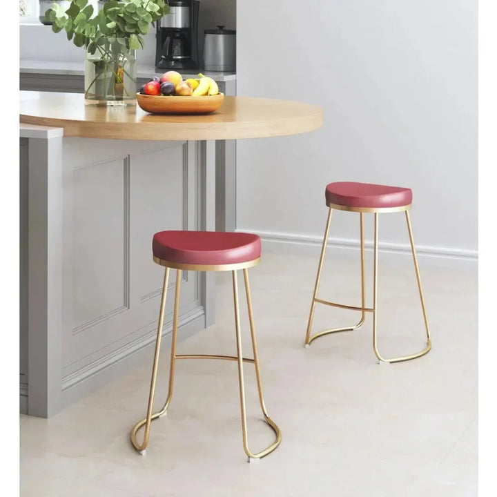 Bree Barstool (Set of 2) Burgundy & Gold - LOOMLAN - Zuo Modern - Bar Stools