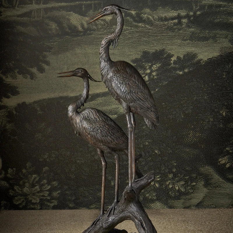 Currey & Co-Bronze Herons On Branch Bronze Sculpture-Statues & Sculptures-LOOMLAN