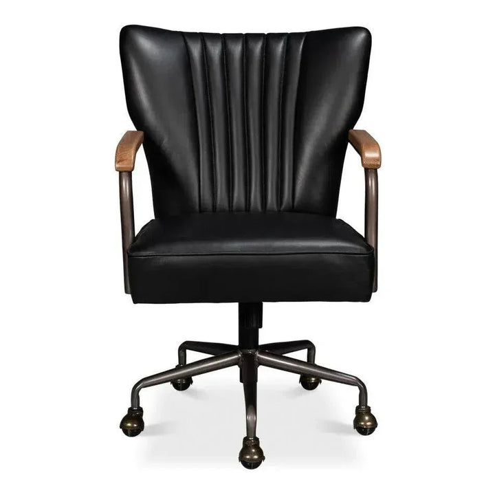 Brooks Metal & Leather Black Swivel Arm Chair-Office Chairs-Sarreid-LOOMLAN