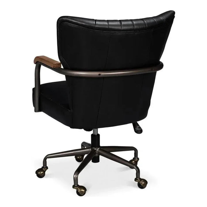 Brooks Metal & Leather Black Swivel Arm Chair-Office Chairs-Sarreid-LOOMLAN
