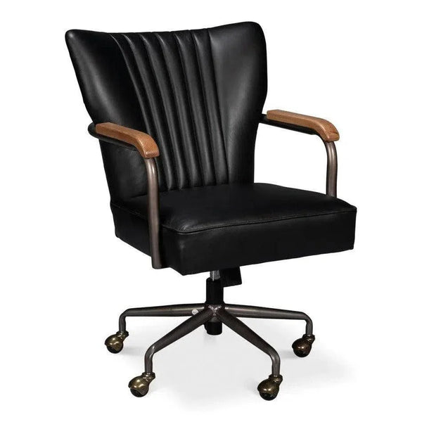 Brooks Metal & Leather Black Swivel Arm Chair-Office Chairs-Sarreid-LOOMLAN