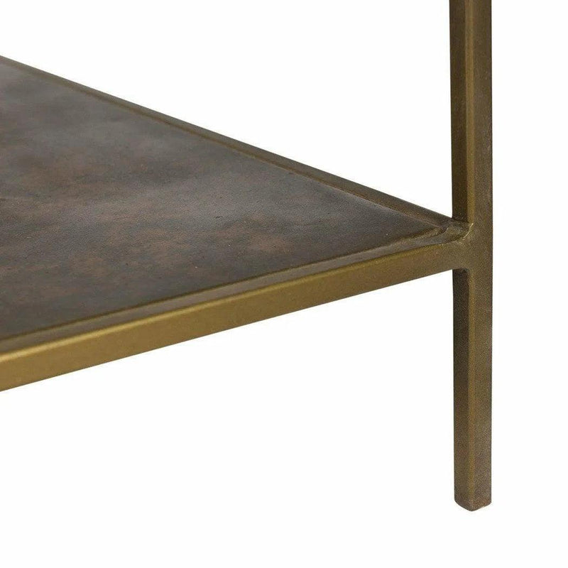 Brown Console Table Shelves Glass Top Metal