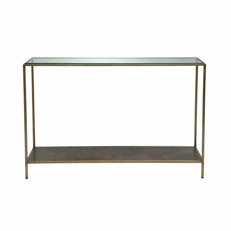 Brown Console Table Shelves Glass Top Metal