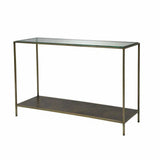 Brown Console Table Shelves Glass Top Metal