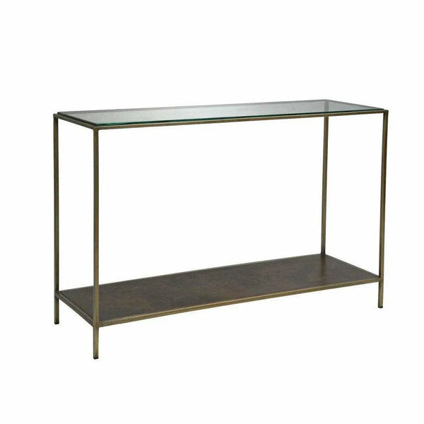 Brown Console Table Shelves Glass Top Metal