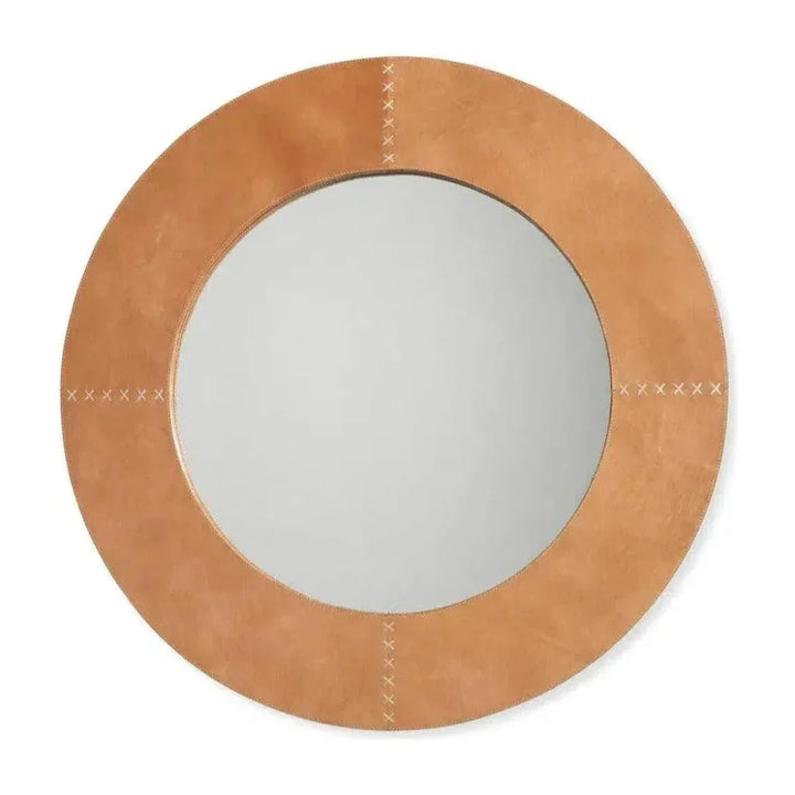 Brown Leather Round Cross Stitch Wall Mirror - LOOMLAN - Jamie Young - Wall Mirrors