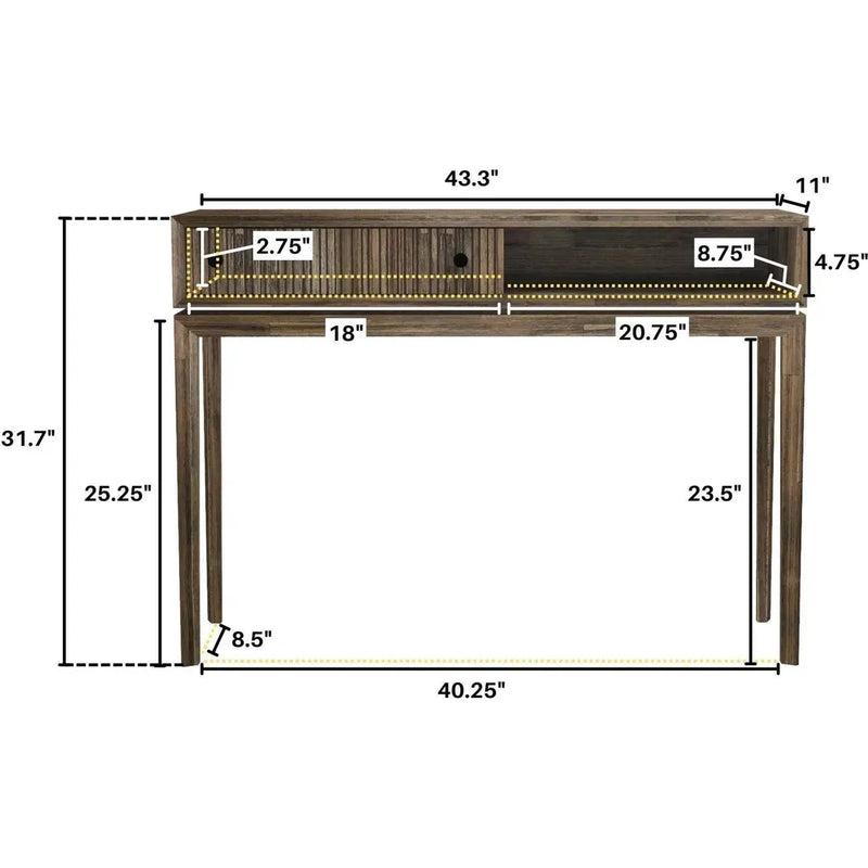 Brown Slim Console Table Drawers & Shelves