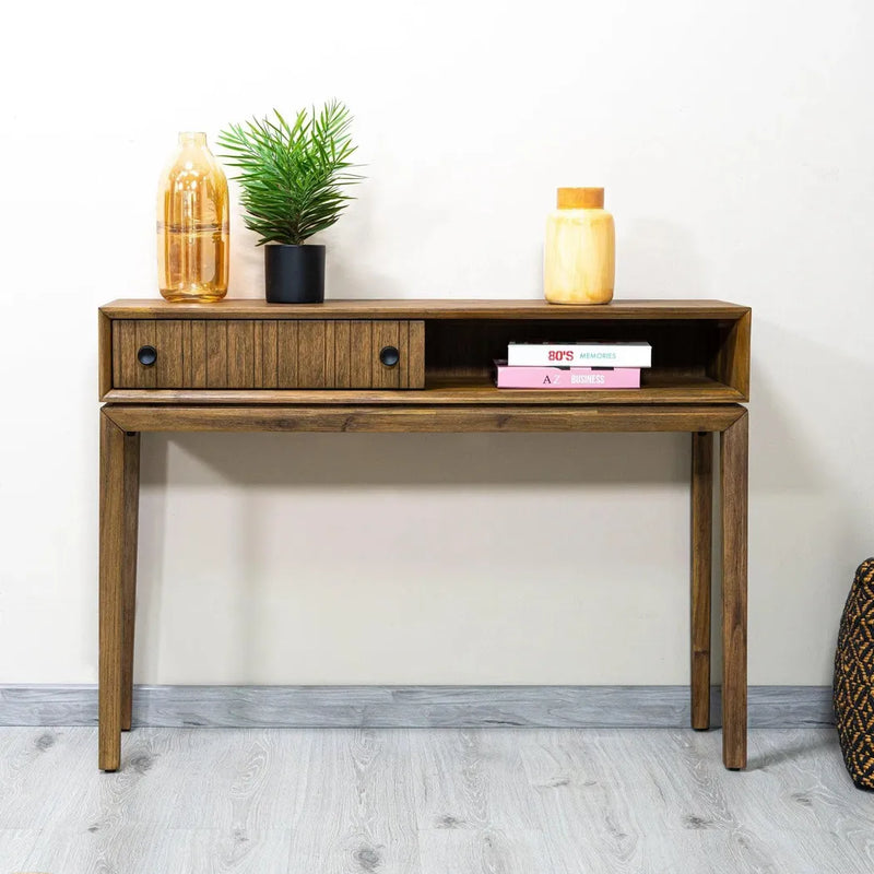 Brown Slim Console Table Drawers & Shelves