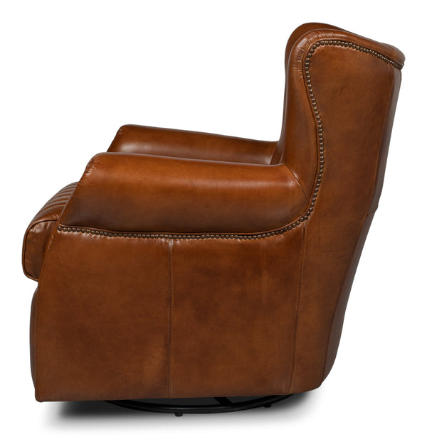 Bugatti Brown Leather Swivel Club Chair-Club Chairs-Sarreid-LOOMLAN