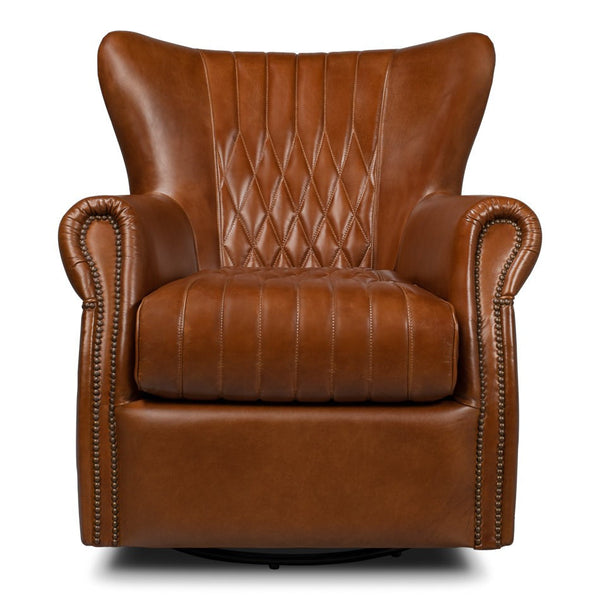 Bugatti Brown Leather Swivel Club Chair-Club Chairs-Sarreid-LOOMLAN