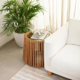 Bungalow Glass Top Wooden Round Side Table-Side Tables-LH Imports-LOOMLAN