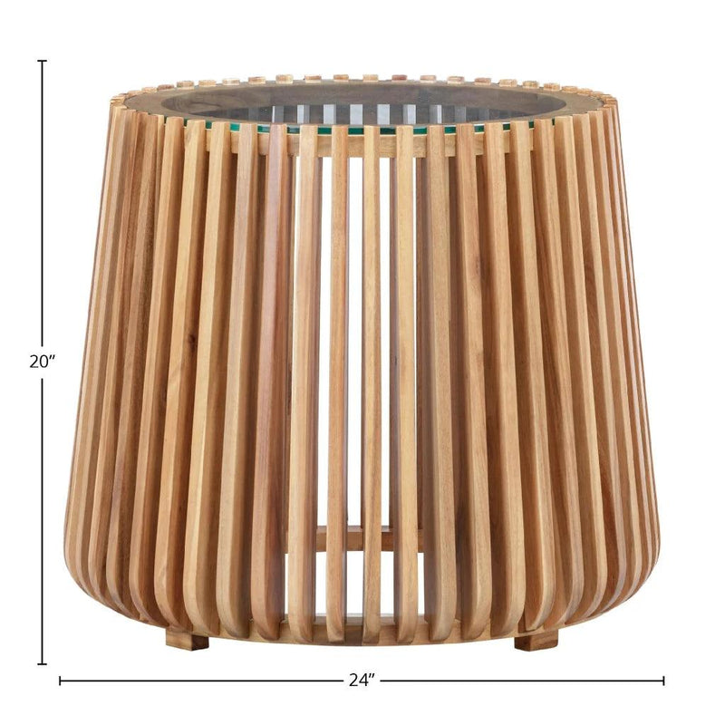 Bungalow Glass Top Wooden Round Side Table-Side Tables-LH Imports-LOOMLAN