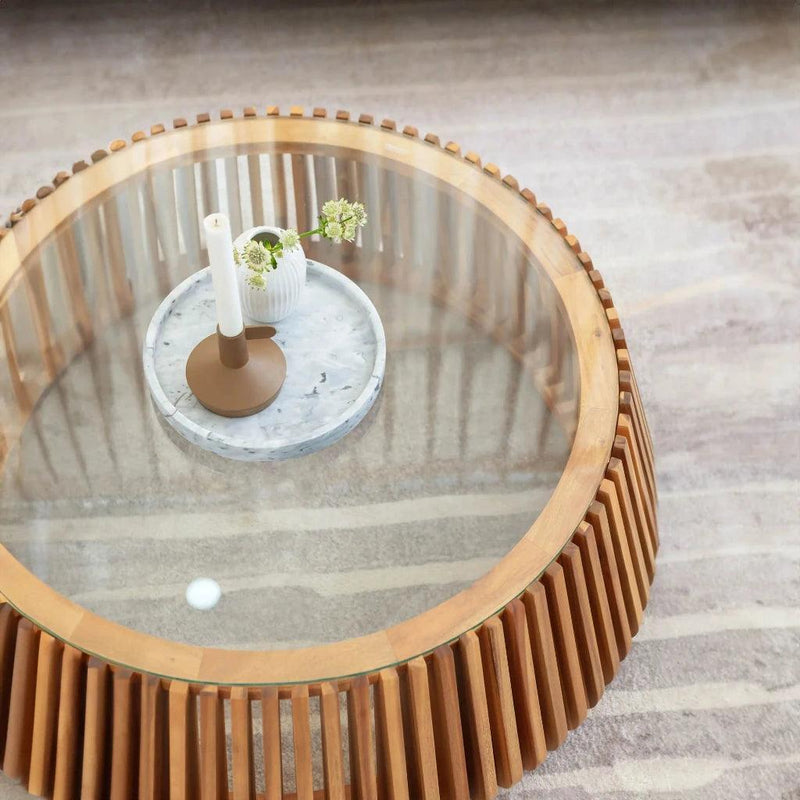 Bungalow Glass Topped Wooden Round Coffee Table