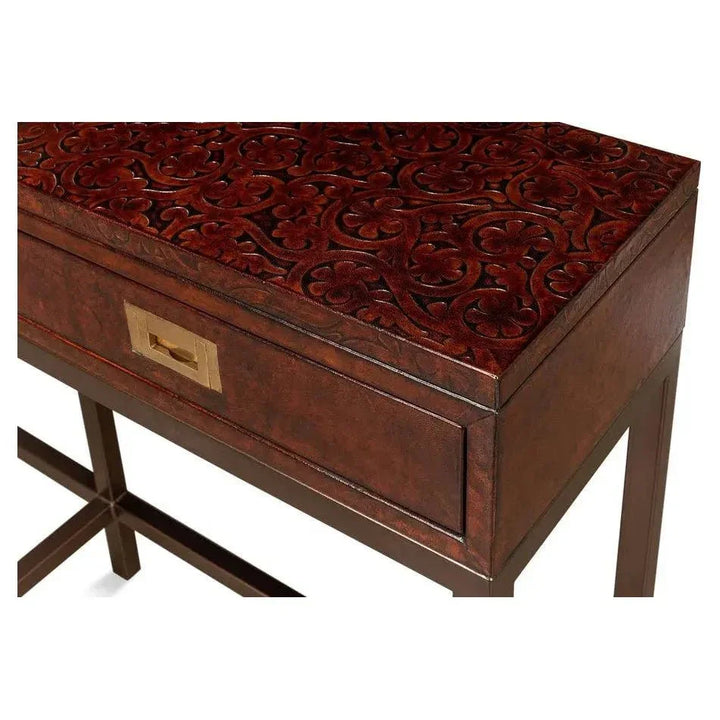 Campaign Embossed Console Table Drawers Brown Leather - LOOMLAN - Sarreid - Console Tables