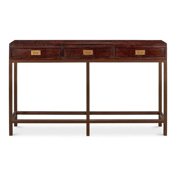 Campaign Embossed Console Table Drawers Brown Leather - LOOMLAN - Sarreid - Console Tables