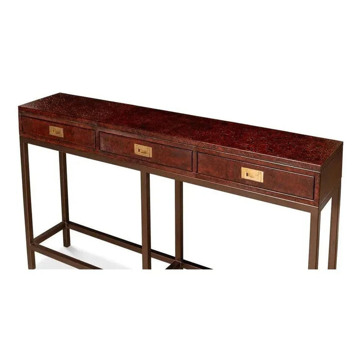 Campaign Embossed Console Table Drawers Brown Leather - LOOMLAN - Sarreid - Console Tables