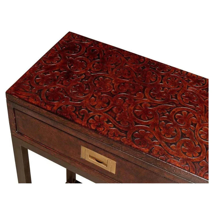Campaign Embossed Console Table Drawers Brown Leather - LOOMLAN - Sarreid - Console Tables