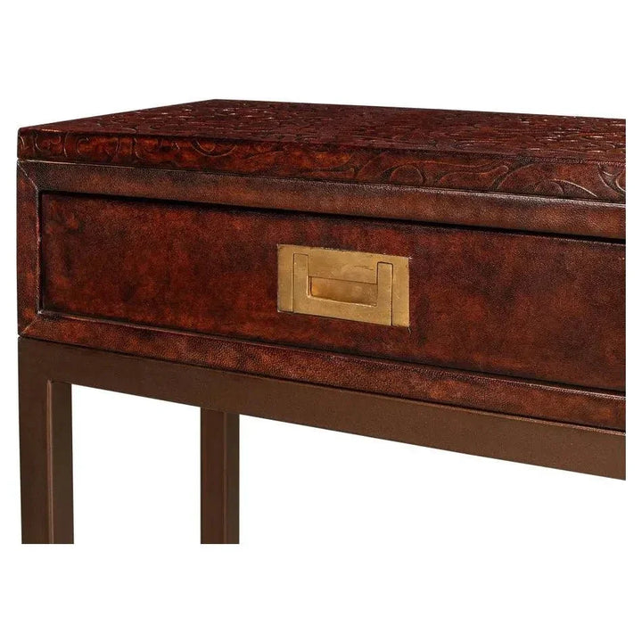 Campaign Embossed Console Table Drawers Brown Leather - LOOMLAN - Sarreid - Console Tables