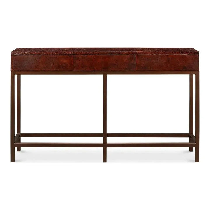 Campaign Embossed Console Table Drawers Brown Leather - LOOMLAN - Sarreid - Console Tables
