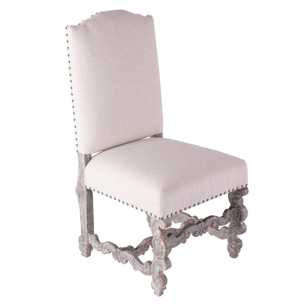 Carved Distressed White Dining Chair Bianca, Loop Cotton-Dining Chairs-Peninsula Home-LOOMLAN