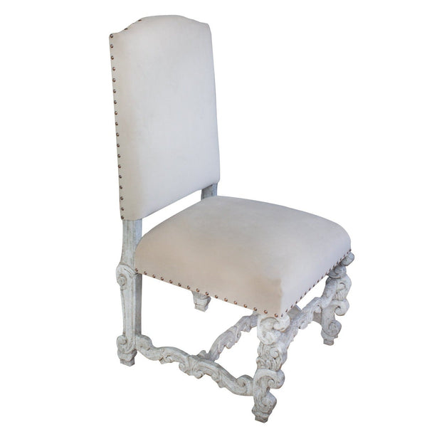 Carved Distressed White Dining Chair Bianca, Tan Velvet-Dining Chairs-Peninsula Home-LOOMLAN
