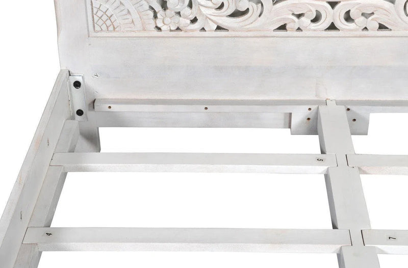 Carved Wood Bed Tall Headboard Whitewashed Queen Bed Frame Beds LOOMLAN By LOOMLAN