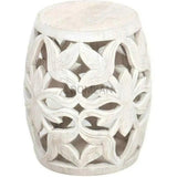 Carved Wood White Round Drum Side Table