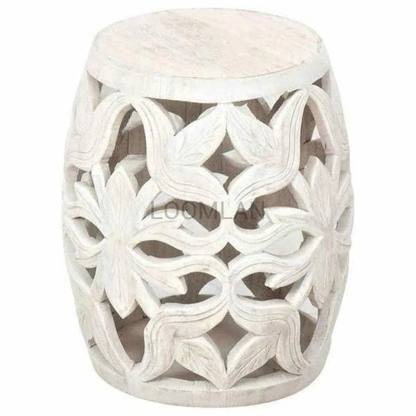 Carved Wood White Round Drum Side Table