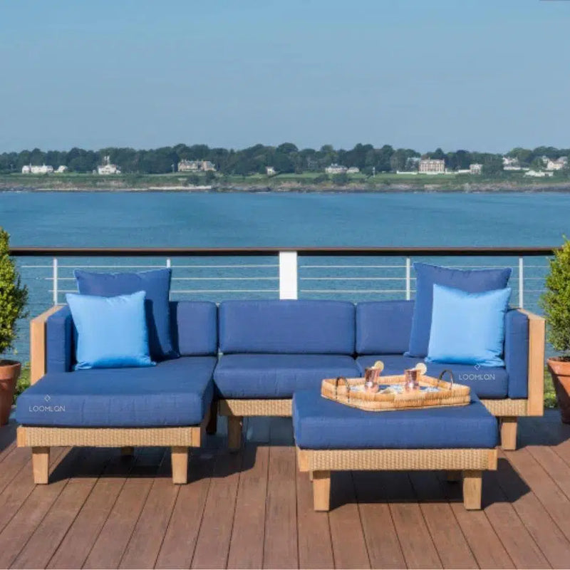 Catalina Ottoman All Weather Wicker & Teak Wood-Outdoor Ottomans-Lloyd Flanders-LOOMLAN