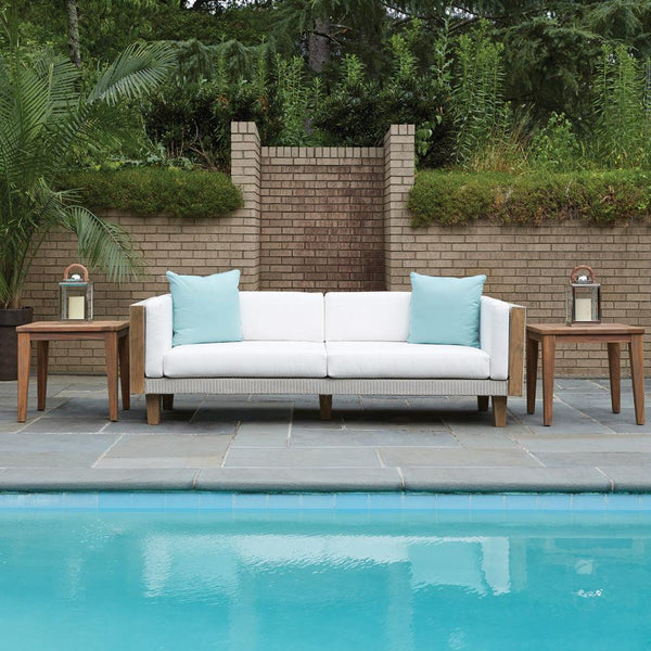 Catalina Wicker 90" Sofa With Teak Tables Made In USA Outdoor Lounge Sets LOOMLAN By Lloyd Flanders