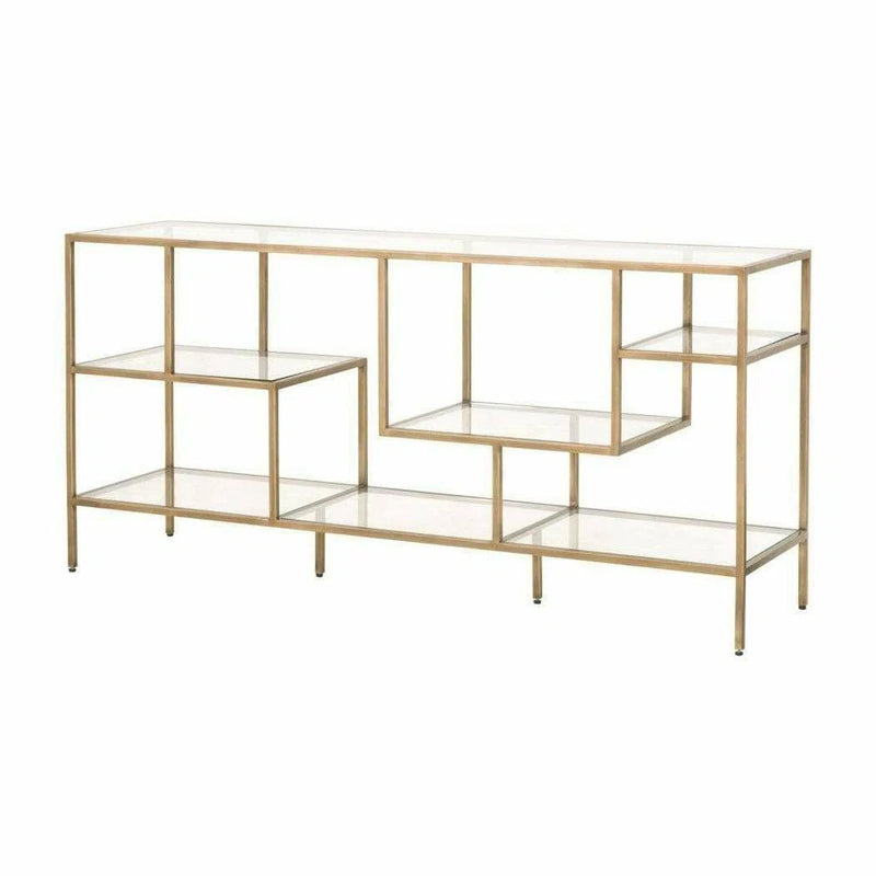 Clear Glass Gold Brass Frame Low and Wide Etagere Etageres LOOMLAN By Essentials For Living