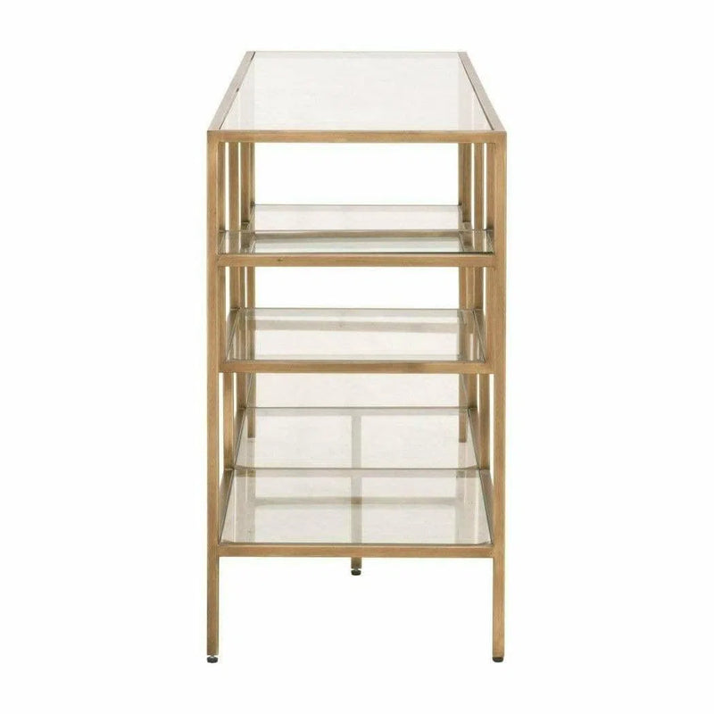 Clear Glass Gold Brass Frame Low and Wide Etagere Etageres LOOMLAN By Essentials For Living