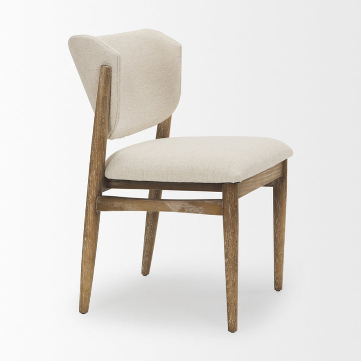 Chair with wooden frame and beige cushioned seat and backrest on a white background