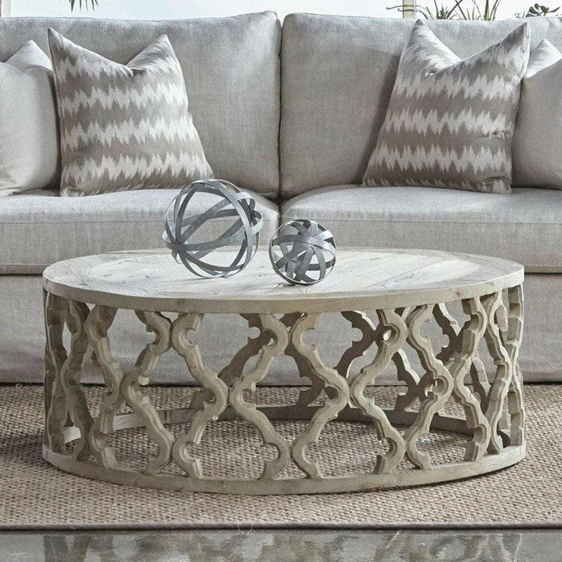 Clover Round Large Coffee Table Carved Mango Wood Gray Elm Coffee Tables LOOMLAN By Essentials For Living