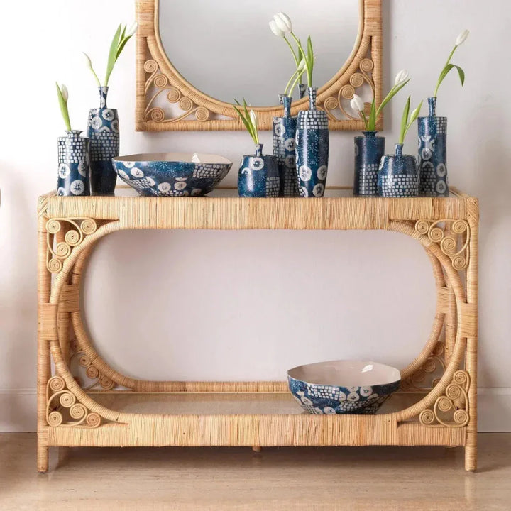 Coastal Brown Rattan & Tempered Glass Console Table - LOOMLAN - Jamie Young - Console Tables