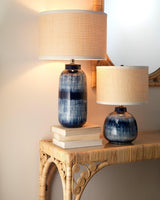 Coastal Large Batik Blue Ceramic Table Lamp Beige Shade Table Lamps LOOMLAN By Jamie Young