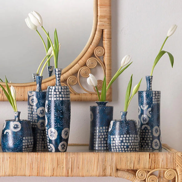 Coastal Style Blue Ceramic Block Print Vases (Set of 4) Vases & Jars LOOMLAN By Jamie Young