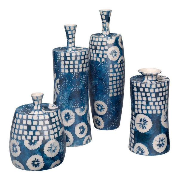 Coastal Style Blue Ceramic Block Print Vases (Set of 4) Vases & Jars LOOMLAN By Jamie Young