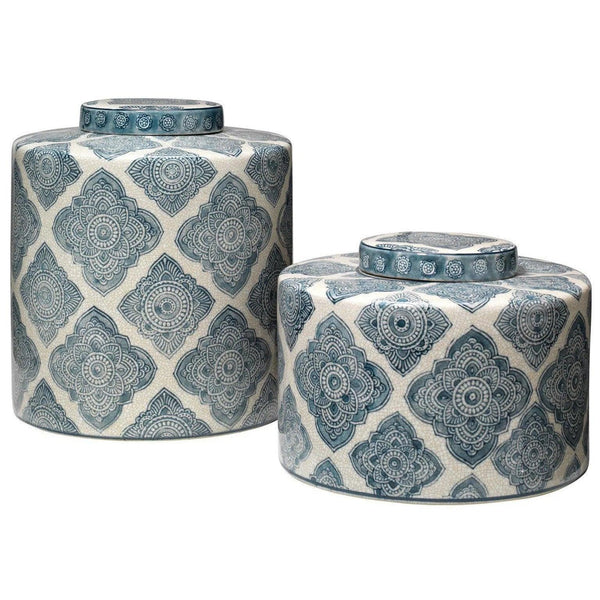 Coastal Style Blue Ceramic Oran Canisters (Set of 2) Vases & Jars LOOMLAN By Jamie Young