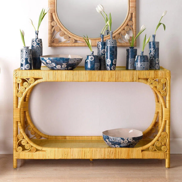 Coastal Style Brown Rattan & Tempered Glass Console Table Console Tables LOOMLAN By Jamie Young